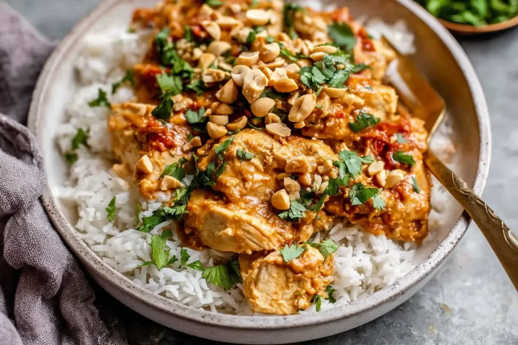 Slow Cooker Peanut Chicken served over fluffy white rice with peanuts and fresh cilantro