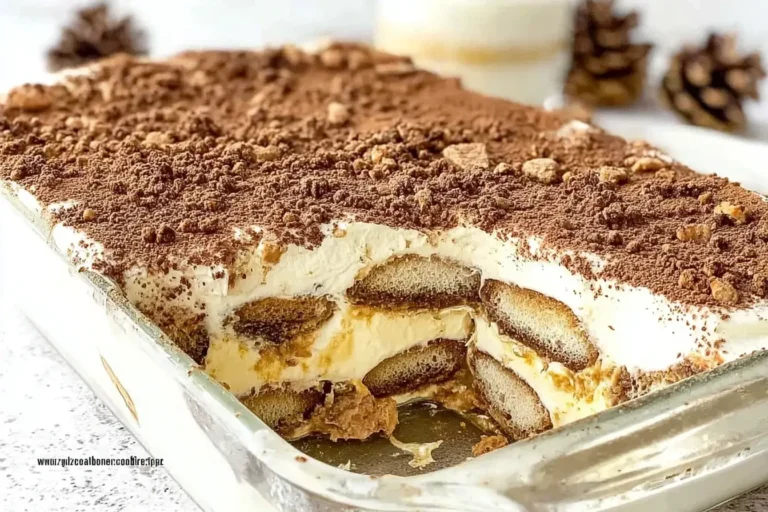 Gingerbread Tiramisu layered with mascarpone cream, gingerbread cookies, and cocoa topping in a glass dish with a slice removed.