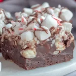 Hot Chocolate Peppermint Fudge topped with marshmallows and crushed candy canes