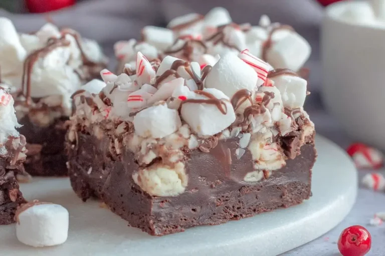 Hot Chocolate Peppermint Fudge topped with marshmallows and crushed candy canes