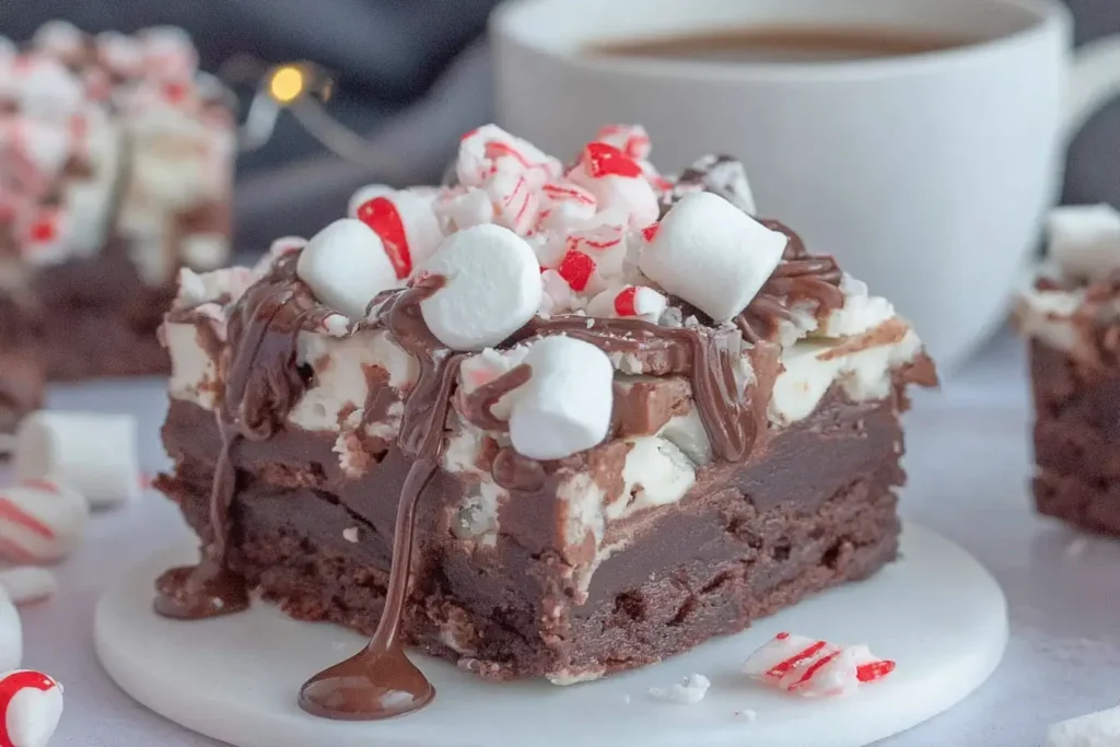 Hot Chocolate Peppermint Fudge with marshmallows, crushed candy canes, and melted chocolate drizzle
