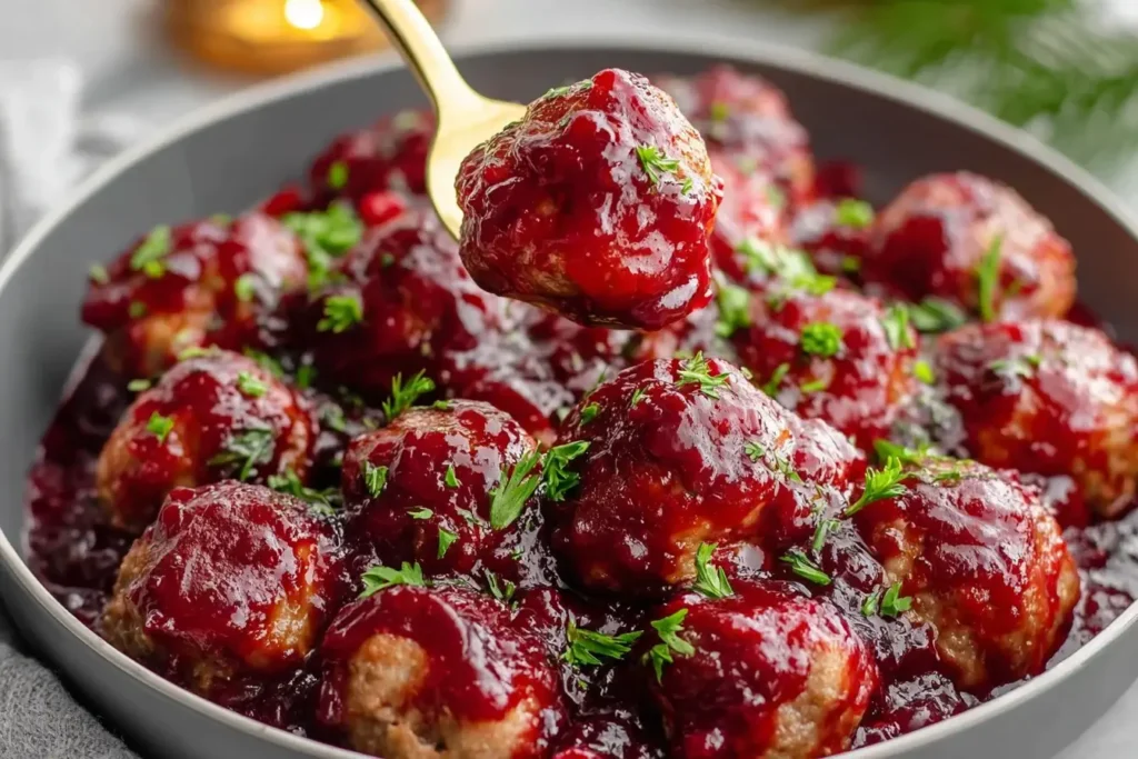 Close-up of Christmas Cranberry Meatballs coated in glossy cranberry sauce, with one meatball lifted on a spoon and garnished with fresh herbs.