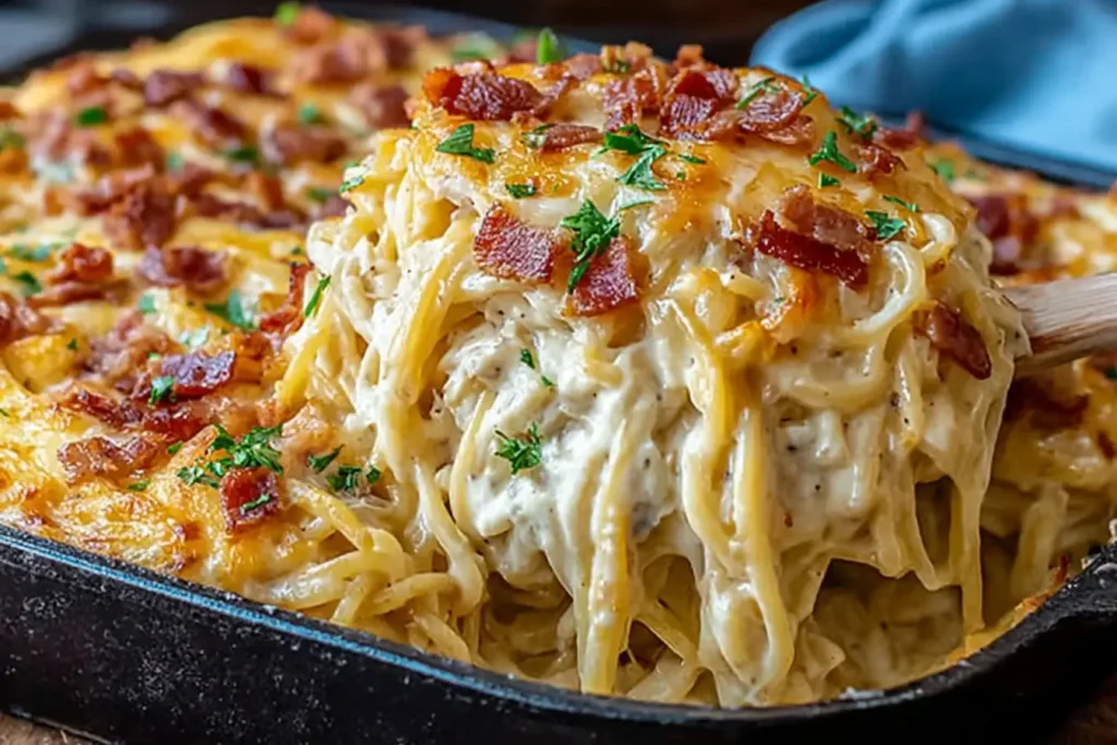 Creamy Southern Spaghetti Bake being scooped from the pan with bacon and melted cheese