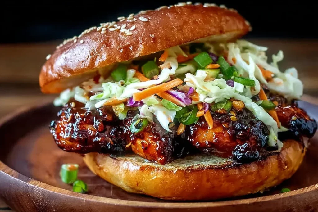 Korean BBQ Chicken Sandwich piled high with caramelized gochujang-glazed chicken thighs, crunchy cabbage slaw, and sliced green onions on a toasted sesame bun.