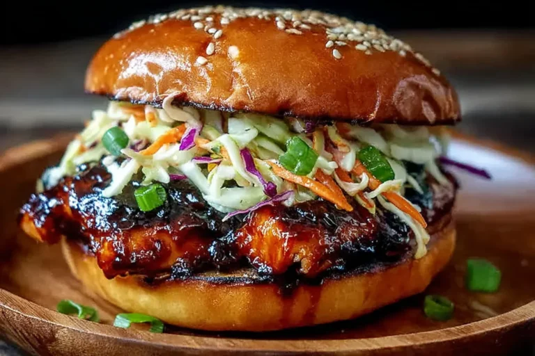 Korean BBQ Chicken Sandwich with glossy gochujang-glazed chicken, crunchy cabbage slaw, and green onions on a toasted sesame brioche bun.