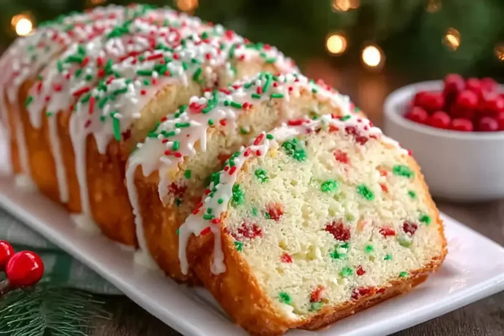 Sliced Christmas Sprinkle Buttermilk Bread topped with icing and festive red and green sprinkles, displayed on a holiday platter.