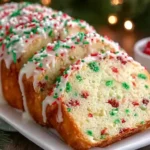 Sliced Christmas Sprinkle Buttermilk Bread topped with icing and festive red and green sprinkles, displayed on a holiday platter.