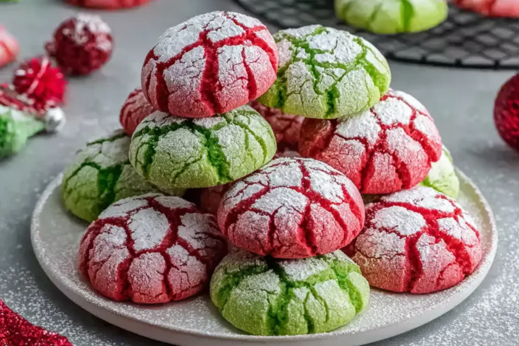 Red and Green Crinkle Cookies stacked on a festive plate, coated in powdered sugar with crackled tops and bright Christmas colors.