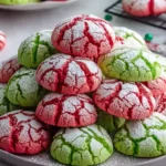 Red and Green Crinkle Cookies stacked on a plate, dusted with powdered sugar, featuring soft centers and festive Christmas colors.