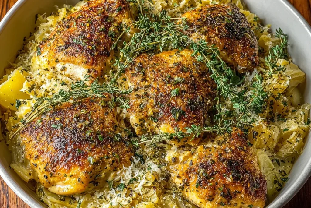 Savory Baked Herb Chicken Casserole with crispy golden chicken thighs, fresh thyme, tender potatoes, and creamy herb-seasoned layers in a rustic baking dish.