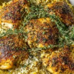Savory Baked Herb Chicken Casserole with crispy golden chicken thighs, fresh thyme, tender potatoes, and creamy herb-seasoned layers in a rustic baking dish.