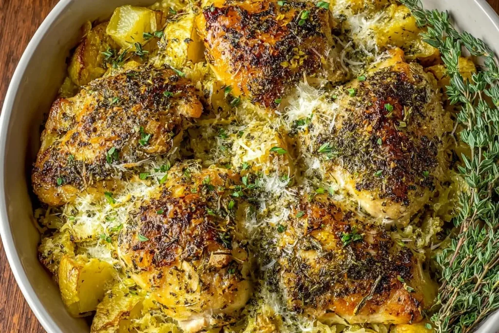 Savory Baked Herb Chicken Casserole topped with crispy golden chicken thighs, fresh herbs, and tender baked potatoes in a rustic casserole dish.
