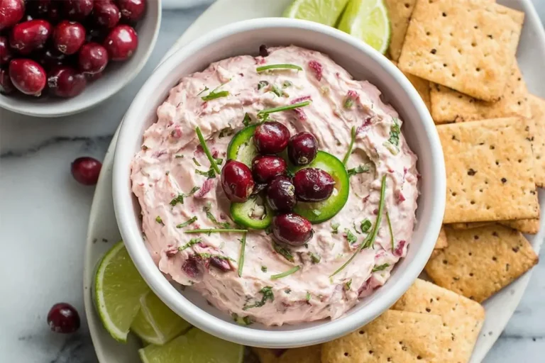 Cranberry Jalapeño Dip Costco copycat made with cream cheese, fresh cranberries, jalapeños, and herbs, served with crackers and lime wedges.