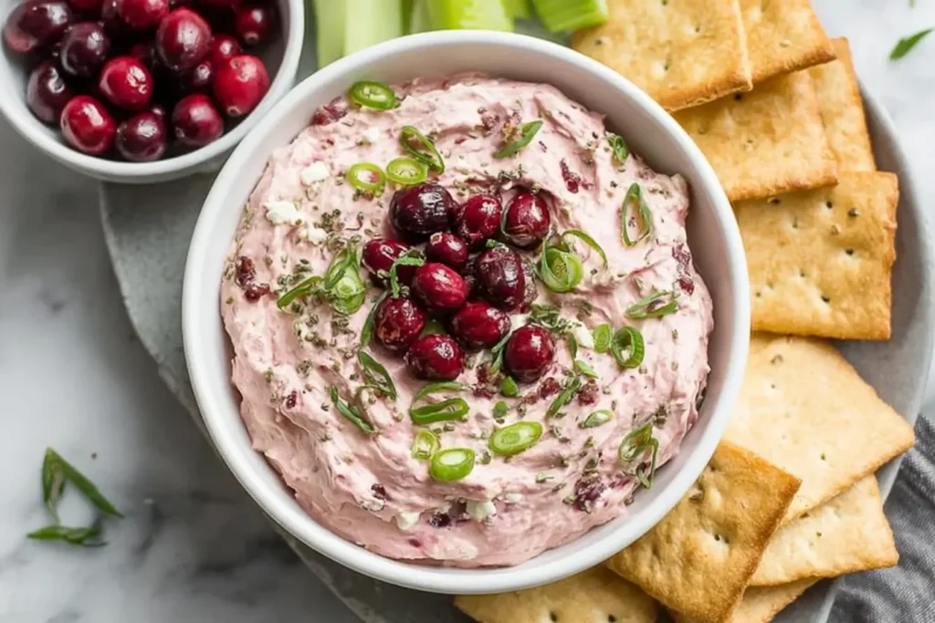 Cranberry Jalapeño Dip Costco copycat made with creamy cream cheese, fresh cranberries, sliced jalapeños, and herbs, served with crackers.