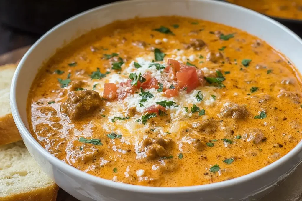 Creamy Sausage and Tomato Cream Cheese Soup served in a bowl, topped with parmesan, tomatoes, and fresh herbs.