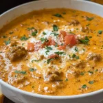 Creamy Sausage and Tomato Cream Cheese Soup served in a bowl, topped with parmesan, tomatoes, and fresh herbs.