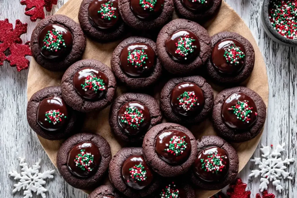 Chocolate Thumbprint Cookies arranged on a wooden board, topped with glossy ganache and festive red, green, and white sprinkles.