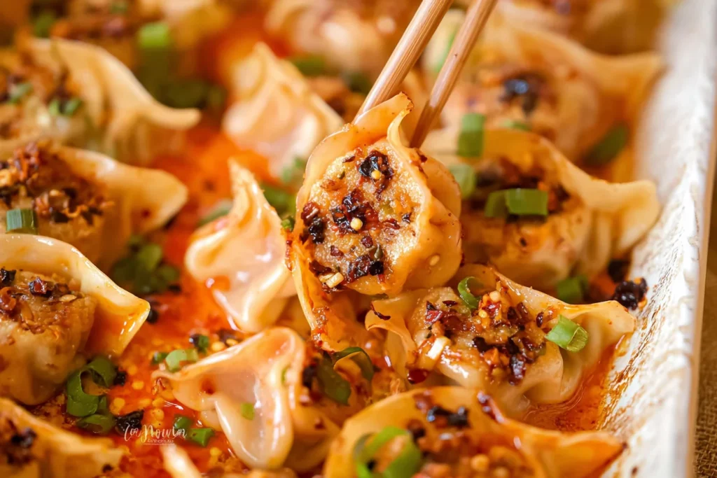 Viral Baked Dumplings from TikTok close-up in coconut curry sauce, topped with chili crisp, sesame seeds, and green onions, with one dumpling lifted by chopsticks.