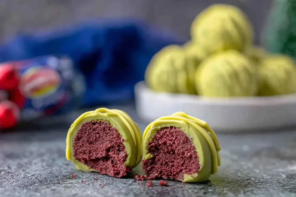 Inside view of No Bake Grinch Oreo Truffles showing the red velvet Oreo filling coated in green candy melts.