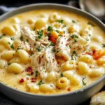 Creamy Chicken Macaroni Cheese Soup in a bowl with tender shredded chicken, elbow macaroni, and a rich cheesy broth topped with herbs.