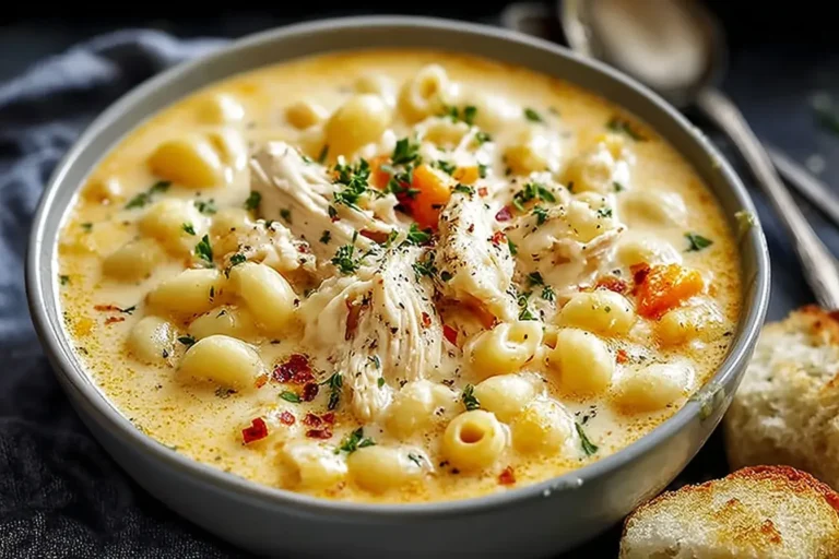 Creamy Chicken Macaroni Cheese Soup in a bowl with tender shredded chicken, elbow macaroni, and a rich cheesy broth topped with herbs.