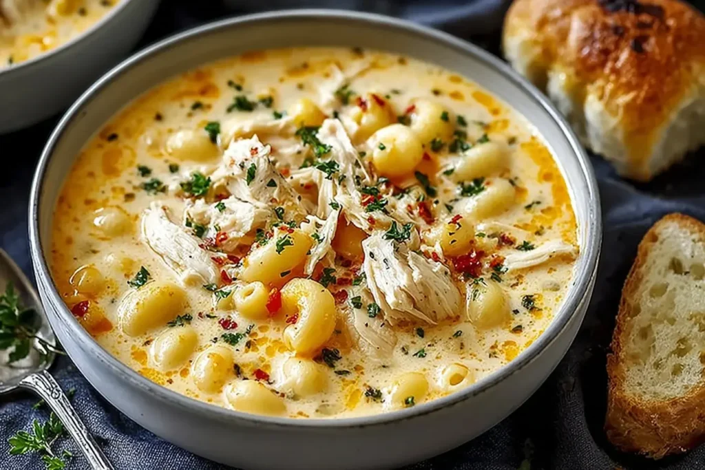 Creamy Chicken Macaroni Cheese Soup with shredded chicken and macaroni in a rich, cheesy broth served in a gray bowl.