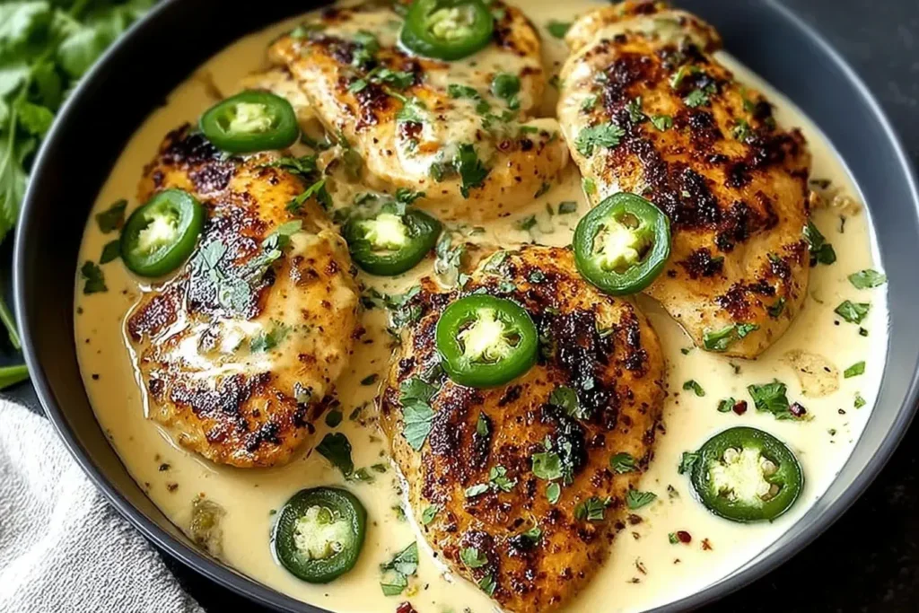 Spicy Jalapeno Chicken with Creamy Sauce topped with fresh jalapeño slices and cilantro in a rich, silky skillet sauce.