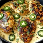 Spicy Jalapeno Chicken with Creamy Sauce topped with fresh jalapeño slices and cilantro in a rich, silky skillet sauce.