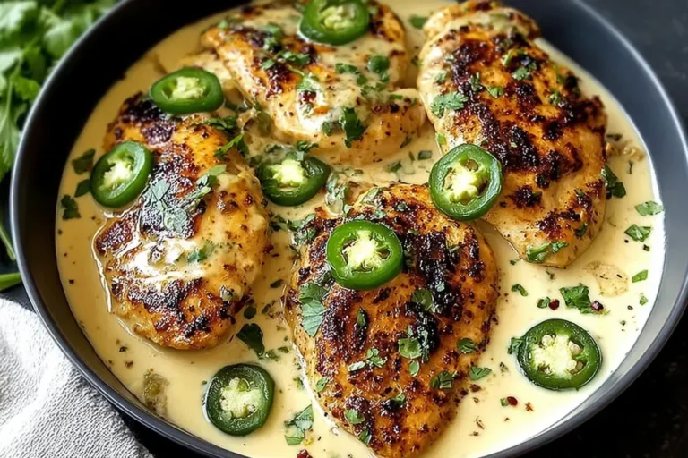 Spicy Jalapeno Chicken with Creamy Sauce topped with fresh jalapeño slices and cilantro in a rich, silky skillet sauce.