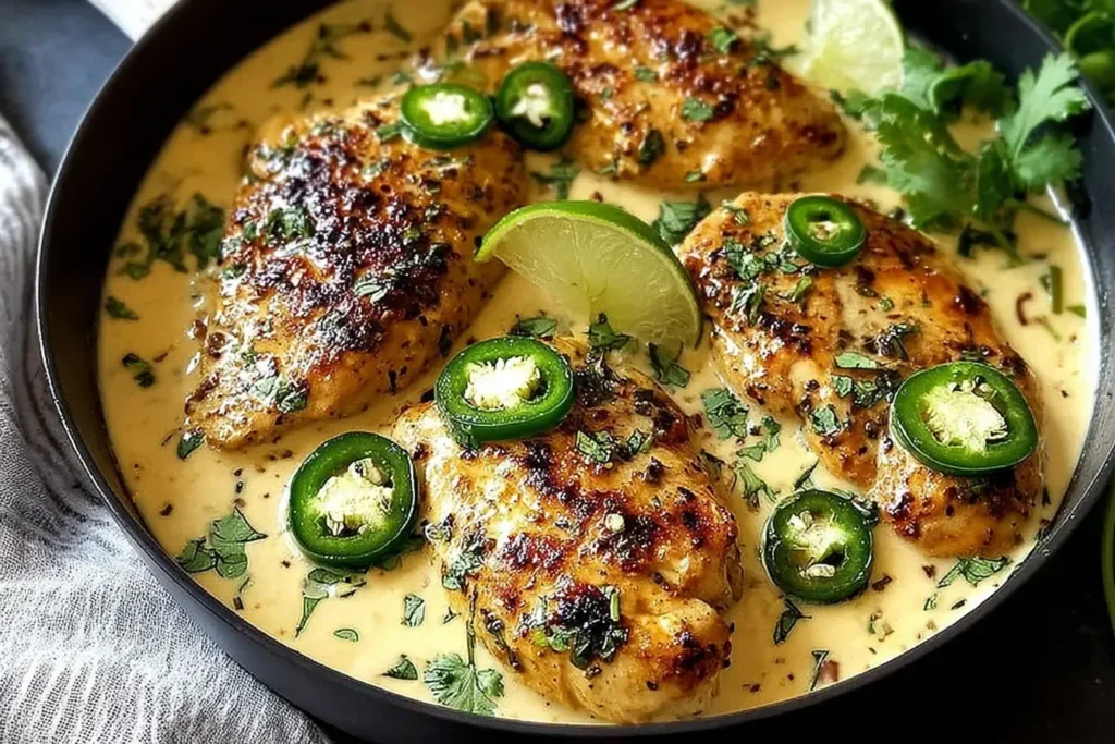 Spicy Jalapeno Chicken with Creamy Sauce simmering in a skillet with fresh jalapeño slices, lime wedges, and chopped cilantro.