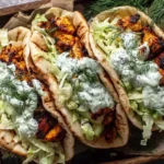 Sheet Pan Chicken Pitas with Herby Ranch served in warm pitas with smoky roasted chicken pieces, crunchy shredded cabbage, creamy dill-herb ranch sauce, and lemon wedges on a rustic tray.