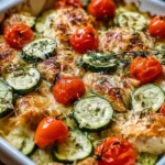 Mediterranean Chicken Zucchini Bake with juicy baked chicken, sliced zucchini, roasted cherry tomatoes, and melted cheese in a creamy herb lemon sauce.