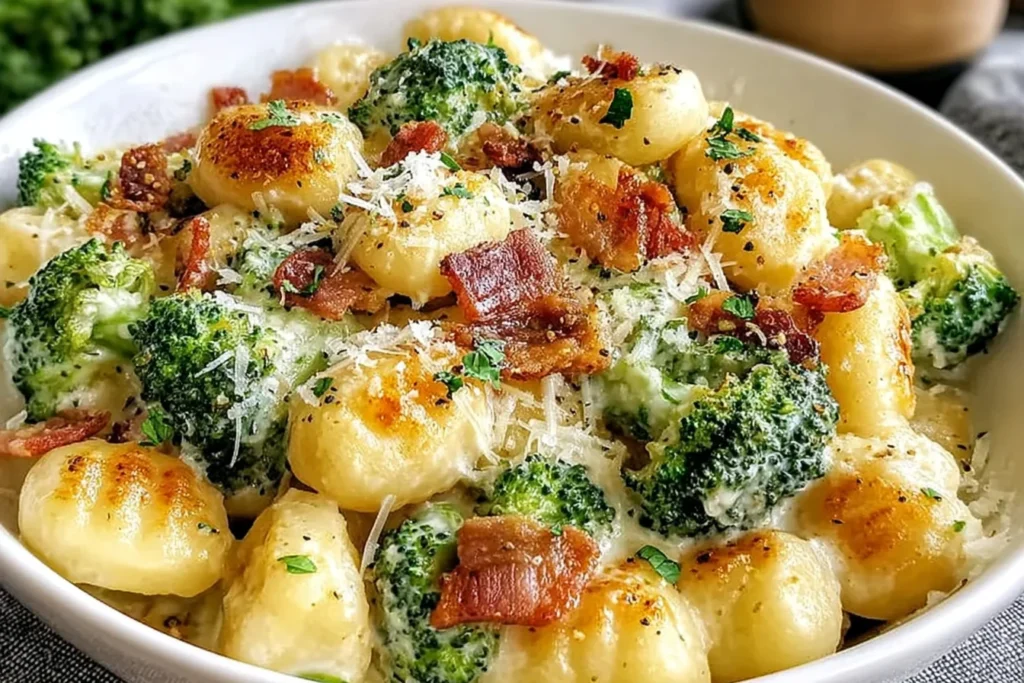 Boursin Bacon and Broccoli Gnocchi piled in a white bowl with golden pan-seared gnocchi, creamy Boursin sauce, crispy bacon pieces, broccoli, and Parmesan.