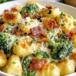 Boursin Bacon and Broccoli Gnocchi piled in a white bowl with golden pan-seared gnocchi, creamy Boursin sauce, crispy bacon pieces, broccoli, and Parmesan.