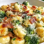 Boursin Bacon and Broccoli Gnocchi in a white bowl with crispy bacon, tender broccoli florets, creamy sauce, and grated Parmesan on top.