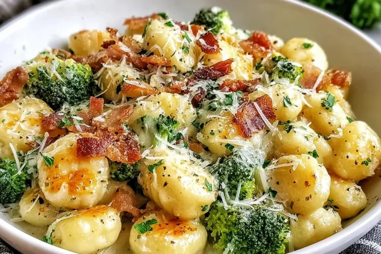 Boursin Bacon and Broccoli Gnocchi in a white bowl with crispy bacon, tender broccoli florets, creamy sauce, and grated Parmesan on top.