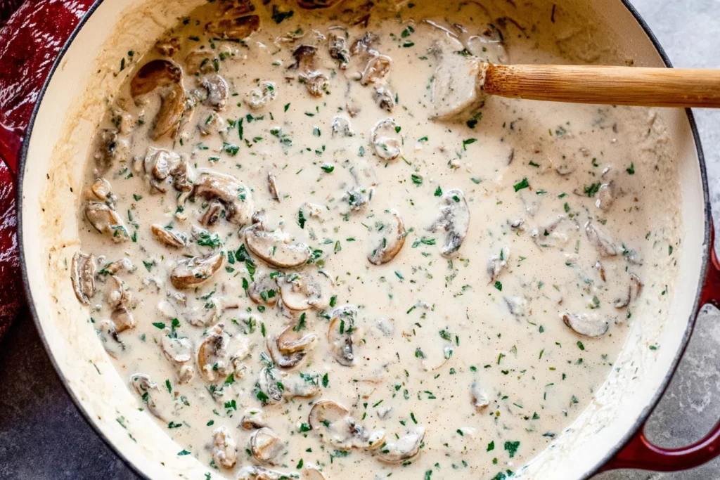 Creamy Mushroom Cream Sauce Pasta sauce simmering in a skillet with sautéed mushrooms, garlic, Parmesan, and fresh parsley.