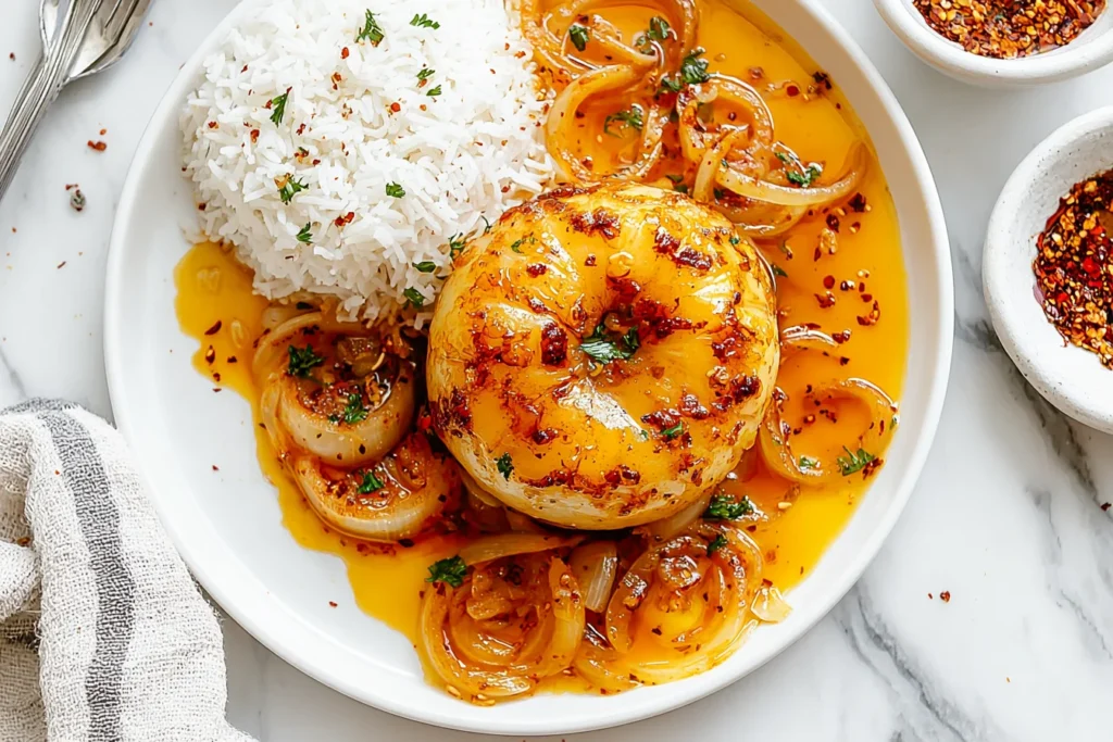 Onion Boil (Viral TikTok Recipe) served with fluffy white rice, caramelized onion rings, and Cajun butter sauce with parsley