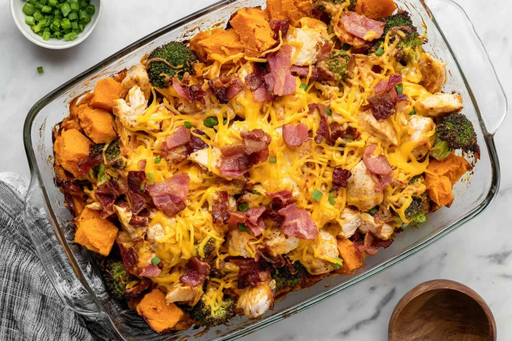 Buffalo Chicken Sweet Potato Casserole in a glass baking dish with roasted sweet potatoes, chicken, broccoli, melted cheddar, bacon, and green onions.