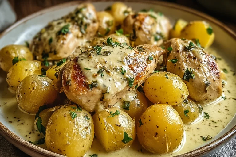 Garlic Parmesan Crockpot Chicken and Potatoes served on a plate with tender chicken and baby potatoes in a creamy garlic-Parmesan sauce, topped with parsley.