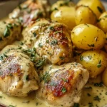 Garlic Parmesan Crockpot Chicken and Potatoes with golden chicken pieces and baby potatoes in a creamy garlic-Parmesan sauce, finished with herbs.