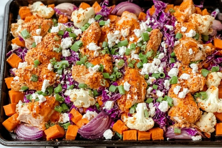 Sheet Pan Buffalo Chicken and Sweet Potato Bowls on a baking sheet with roasted chicken, sweet potatoes, cauliflower, red onion, purple cabbage, feta, and green onions.