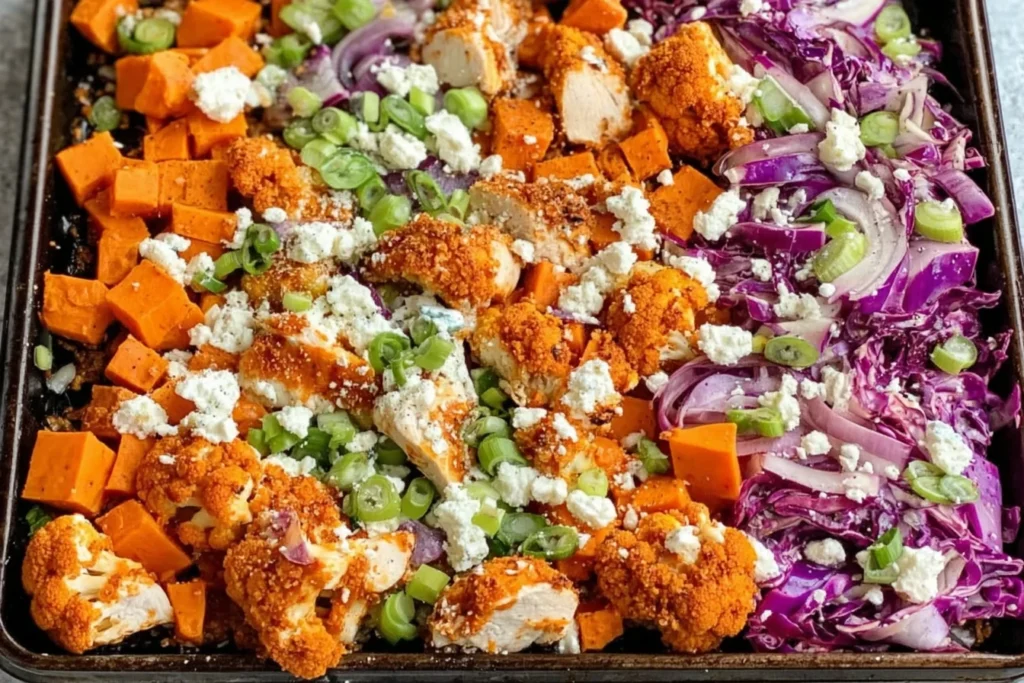 Sheet Pan Buffalo Chicken and Sweet Potato Bowls with roasted sweet potato cubes, buffalo chicken, cauliflower, red onion, purple cabbage, feta, and green onions.