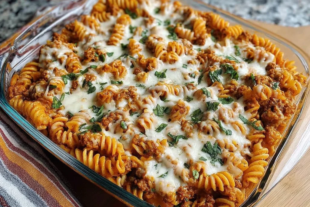 Cottage Cheese Protein Pasta Bake in a glass casserole dish with rotini, rich meat marinara, melted mozzarella, and parsley on top.