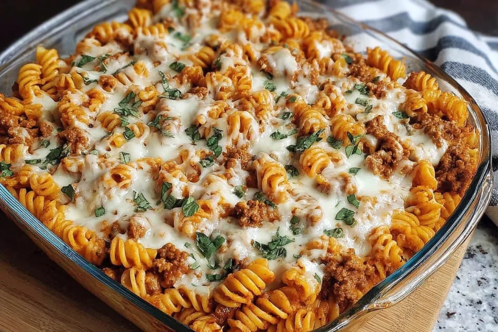 Cottage Cheese Protein Pasta Bake in a glass dish, topped with melted mozzarella, hearty meat sauce, and fresh parsley.