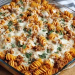 Cottage Cheese Protein Pasta Bake in a glass dish, topped with melted mozzarella, hearty meat sauce, and fresh parsley.