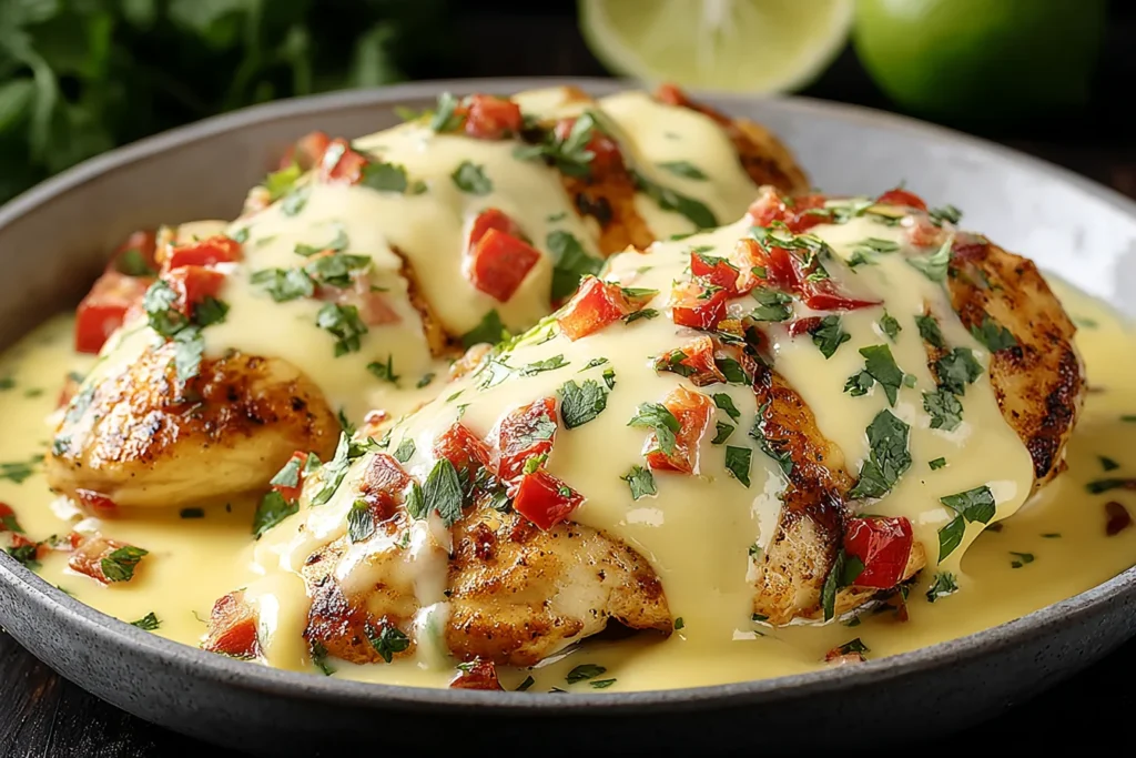 Mexican Chicken with Cheese Sauce drizzled over seared chicken breasts, topped with diced tomatoes, cilantro, and lime in a skillet.