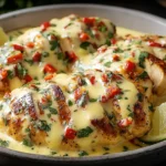 Mexican Chicken with Cheese Sauce in a skillet, topped with creamy queso-style sauce, diced tomatoes, cilantro, and lime wedges.