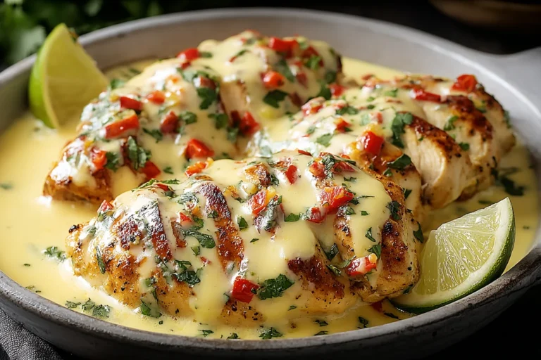Mexican Chicken with Cheese Sauce in a skillet, topped with creamy queso-style sauce, diced tomatoes, cilantro, and lime wedges.