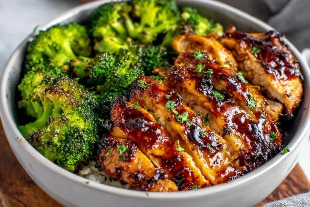Honey Garlic Chicken Bowls with glazed chicken and roasted broccoli served over fluffy white rice in a bowl.